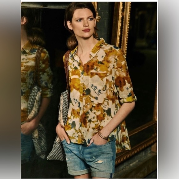 Anthropologie X Holding Horses Abstract Boho Hi-Low Ruffle Hem Roll Tab Blouse - Picture 9 of 9